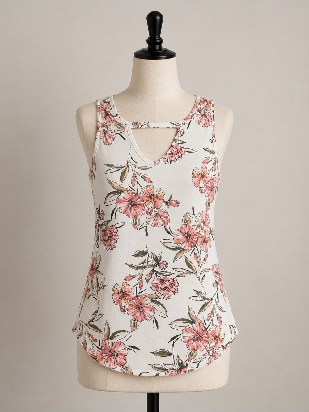 White Floral Sleeveless Tank Top with Pink Bloom Print